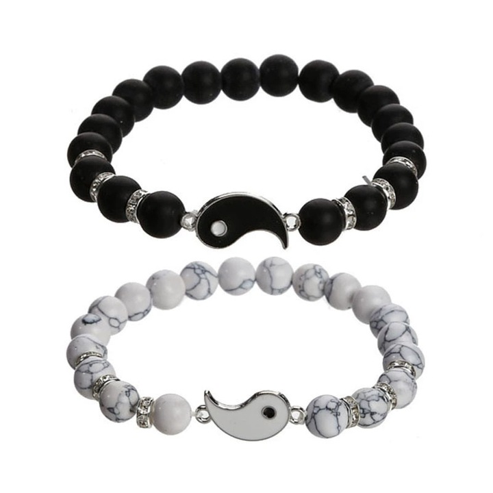 Set 2 bratari cuplu, GOGOU®, roca semipretioasa, neagra si alba, unisex