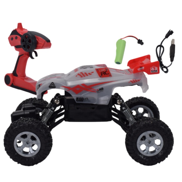 Masina pentru copii cu telecomanda, Plastic, Vehicul off-road, Reincarcabil, 4X4, 26x17x17cm, 3.7V/500mAh, Luminos, 3 ani, Gri