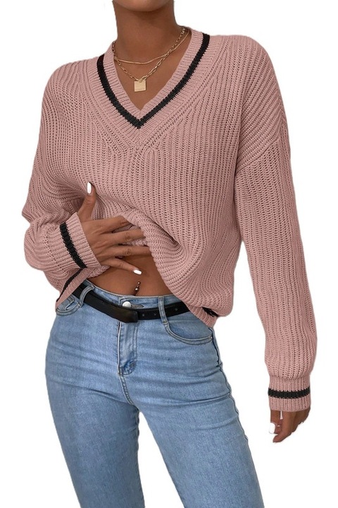 Pulover Dama, Casual, Bordura in Dungi, Maneci Cazute, Roz