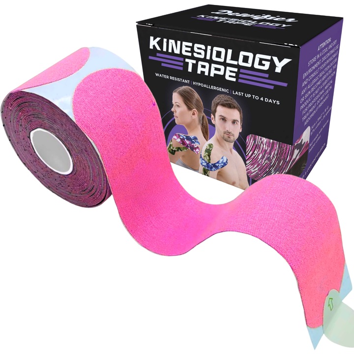 Banda Kinesiologica, Kinesio tape Dewifier Pre-taiata, 20 benzi, 5cm x 25cm Roz, impermeabila, fara Latex, 5cm x 5m, folosita de atleti, sportivi pentru recuperari kinesiologice