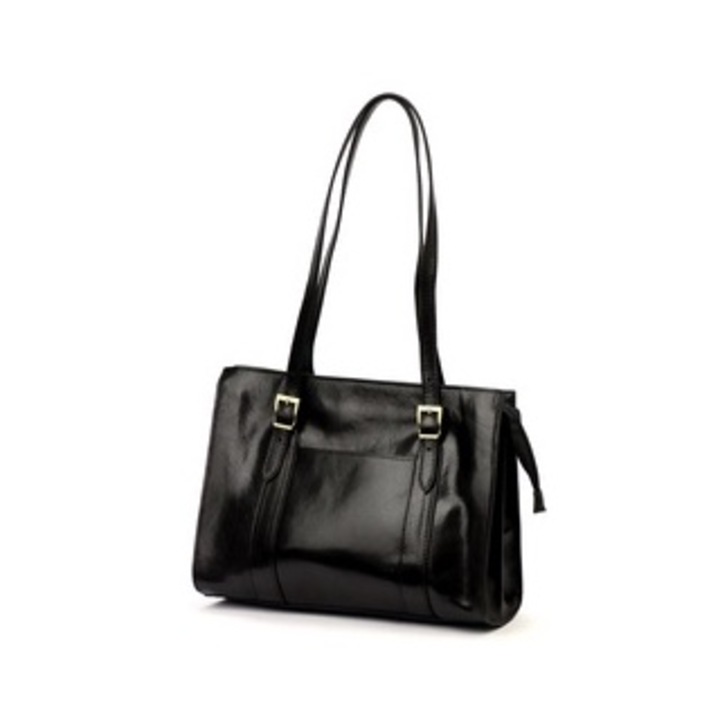 Shopper táska természetes bőrből, Florence, fekete, méretei 36x27x12cm, két rekesszel, A4-es formátumhoz