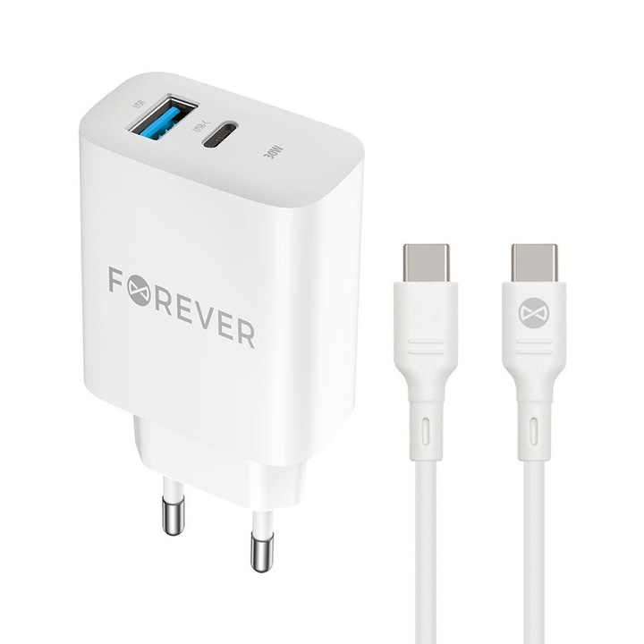 Forever set захранващ адаптер 1x USB-C 1x USB 30W + USB-C - USB-C кабел 60W бял