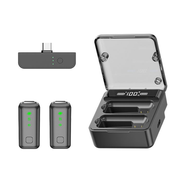 2 db professzionális lavalier mikrofon készlet, SHISUO, USB C, Lightning, Vezeték nélküli élő, 2.4 GHz, Kompatibilis telefonnal, DSLR fényképezőgép, Hangkártya, laptop, Android, iPad, iOs, port