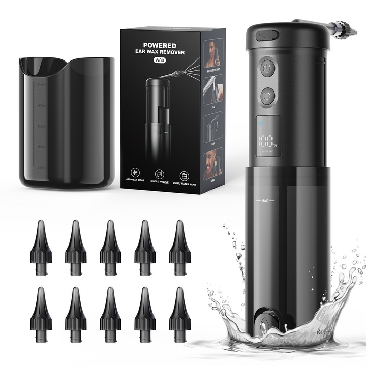 Уред за почистване на уши, Fudisenn, 4 режима, 10 резервни глави, IPX6, 250 ml, 2000 mAh, лъскаво черно