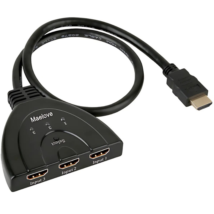 Promerco® 3-Port HDMI Splitter Switch Adapter, дизайн, който значително намалява смущенията в сигнала, висока съвместимост, поддържа 1080p, 4K, работи за конзоли за видеоигри, PC, Blu-Ray, 3 LED индикатора без захранване, черен