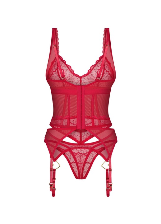 Obsessive szexi fehérnemű szett, fűző és tanga, piros, csipke, rugalmas anyag, 2XL-3XL INTL