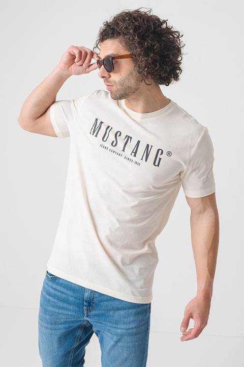 Mustang, Kerek nyakú póló logómintával, Fekete/Törtfehér