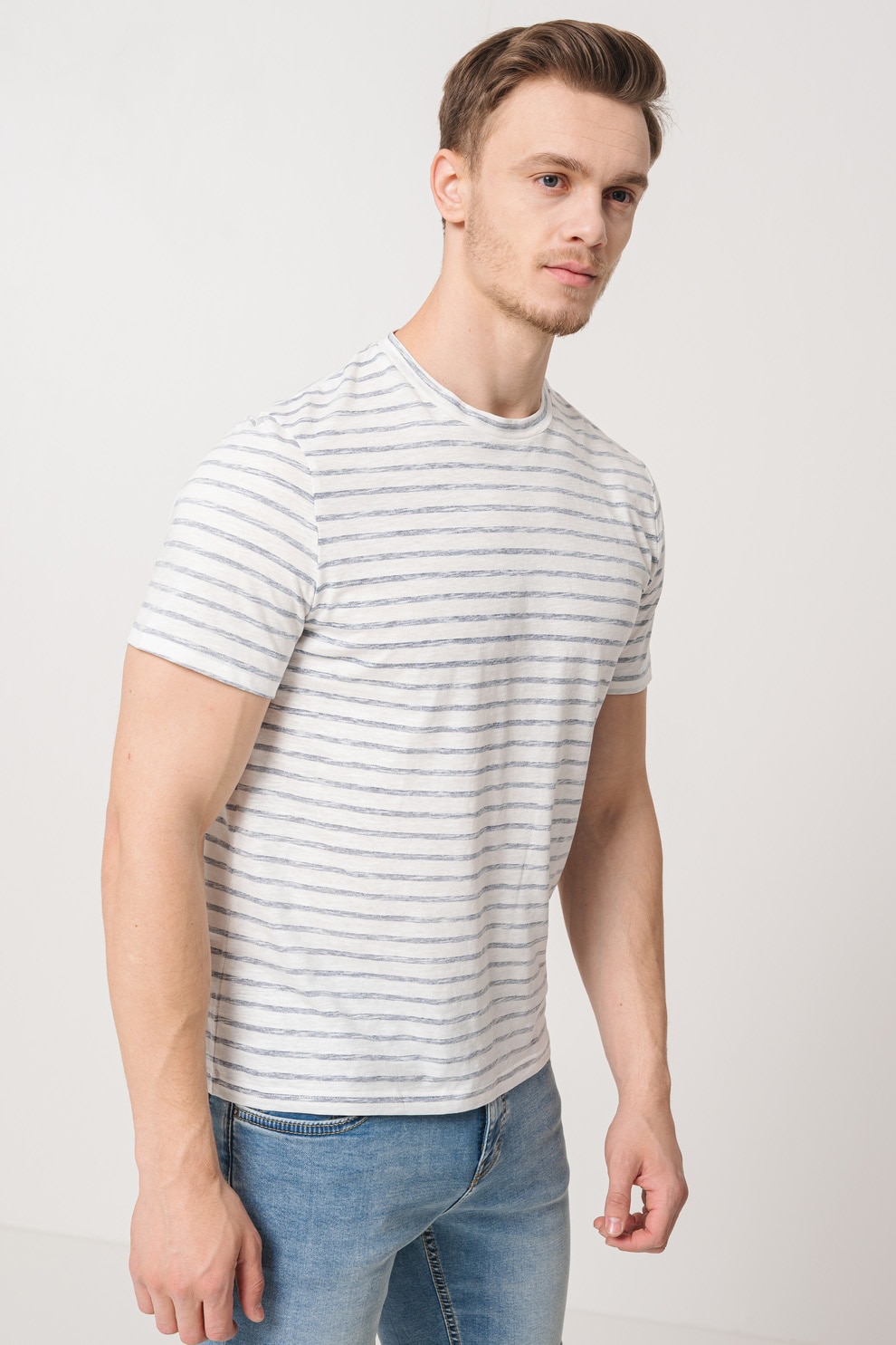 Mustang, Tricou cu model in dungi, Alb, Bleumarin, XL