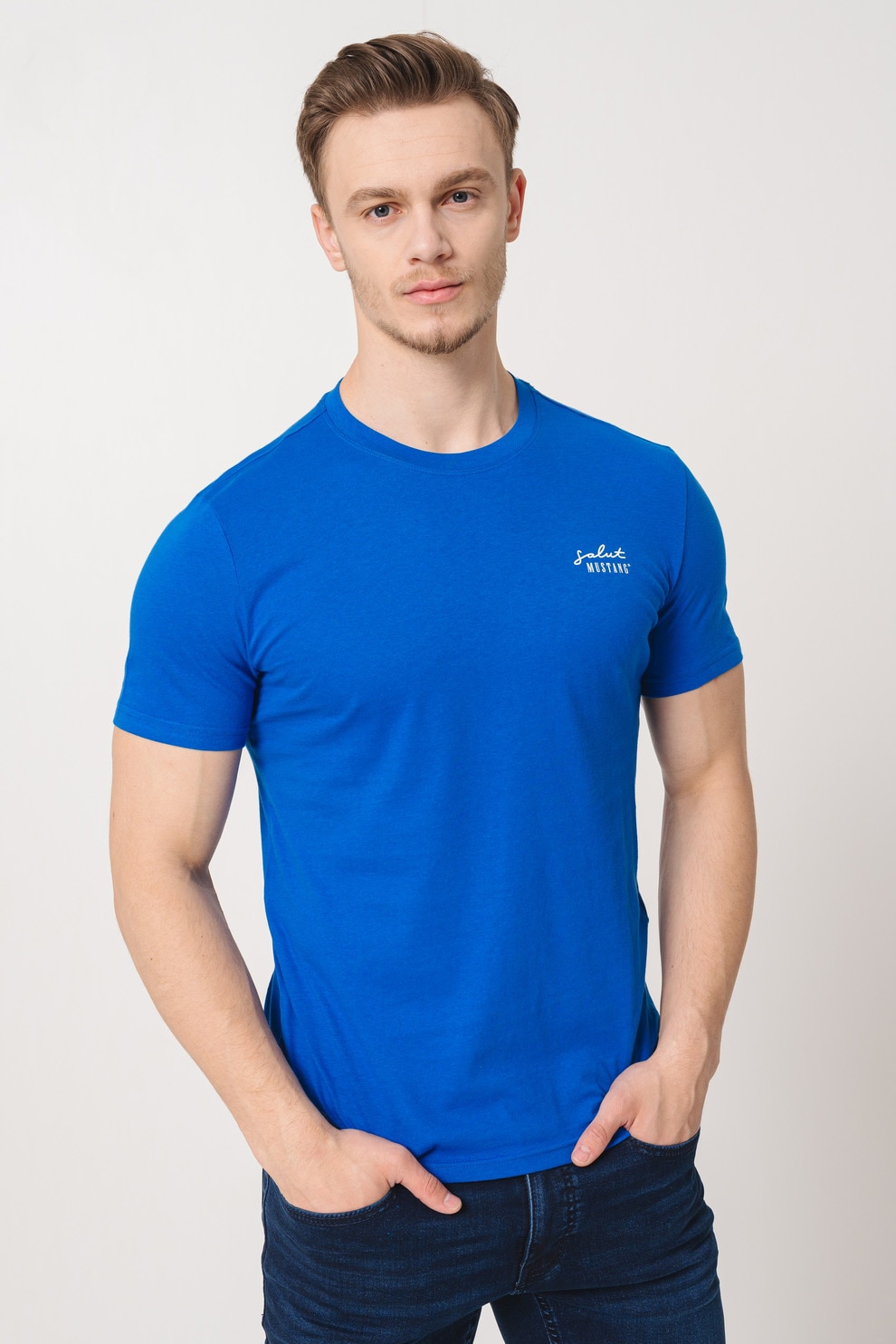 Mustang, Tricou slim fit cu logo, Albastru royal, 2XL