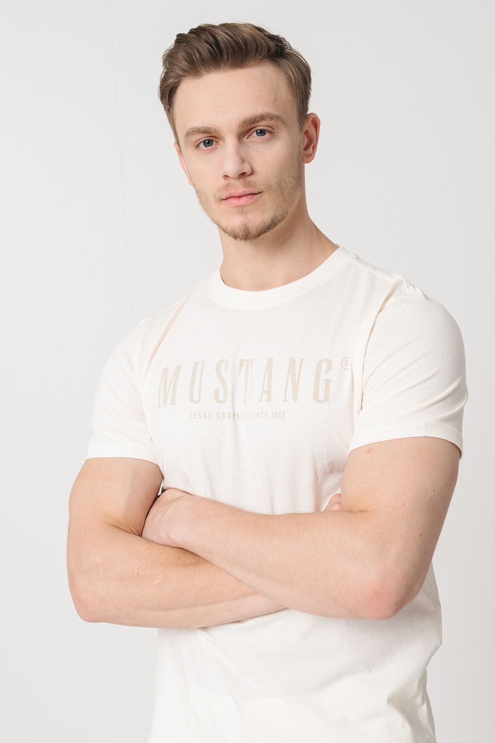 Mustang, Tricou cu imprimeu logo pe piept, Alb fildes, XL