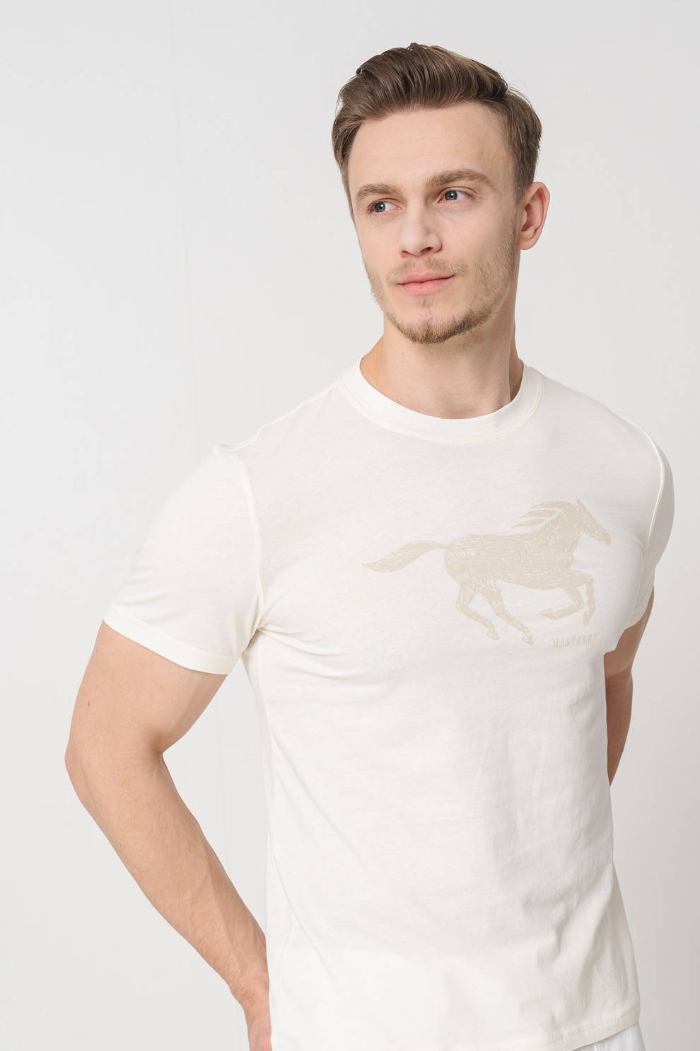 Mustang, Tricou cu imprimeu logo, Alb fildes, XL