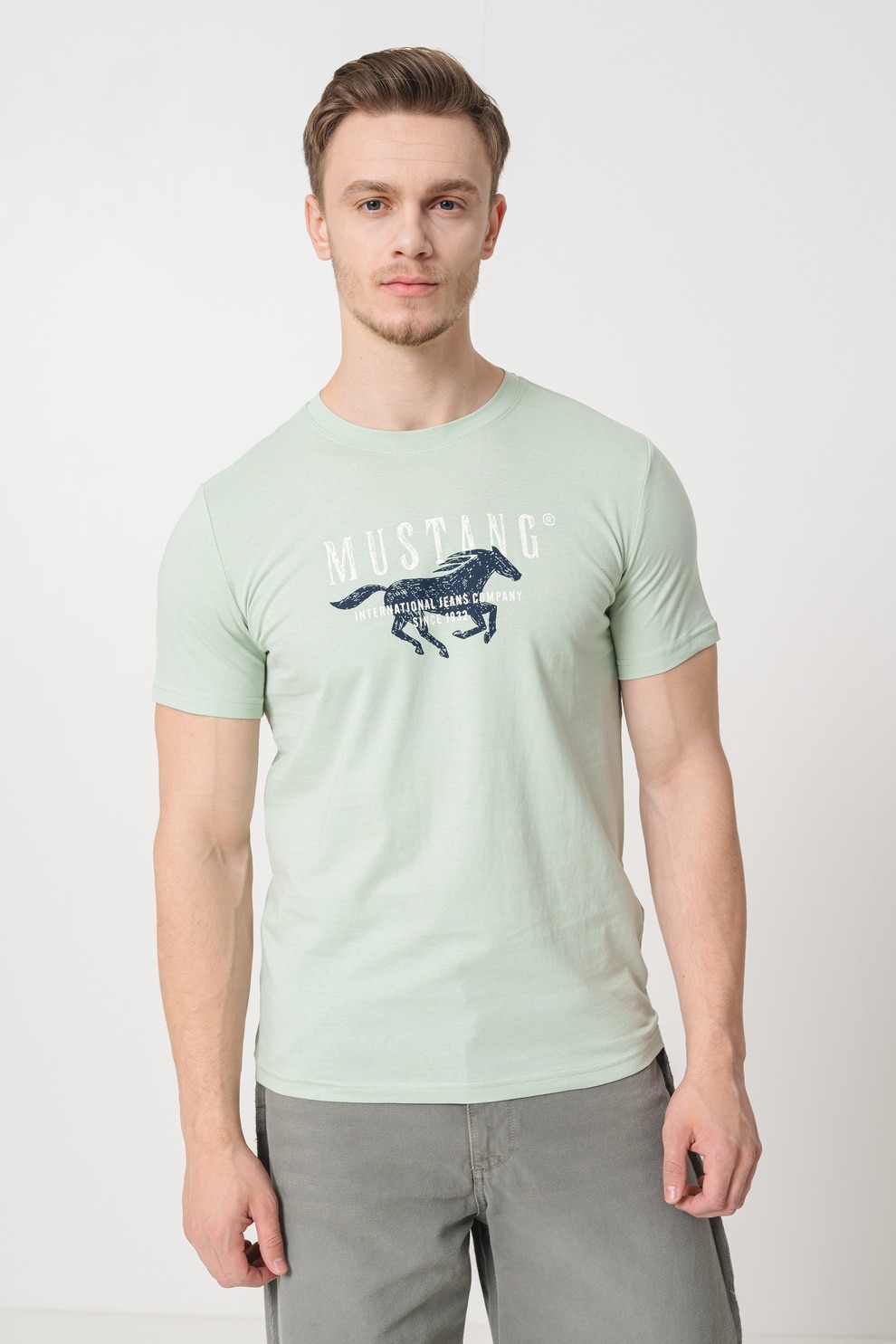 Mustang, Tricou de bumbac cu imprimeu logo, Negru, Verde menta, 2XL