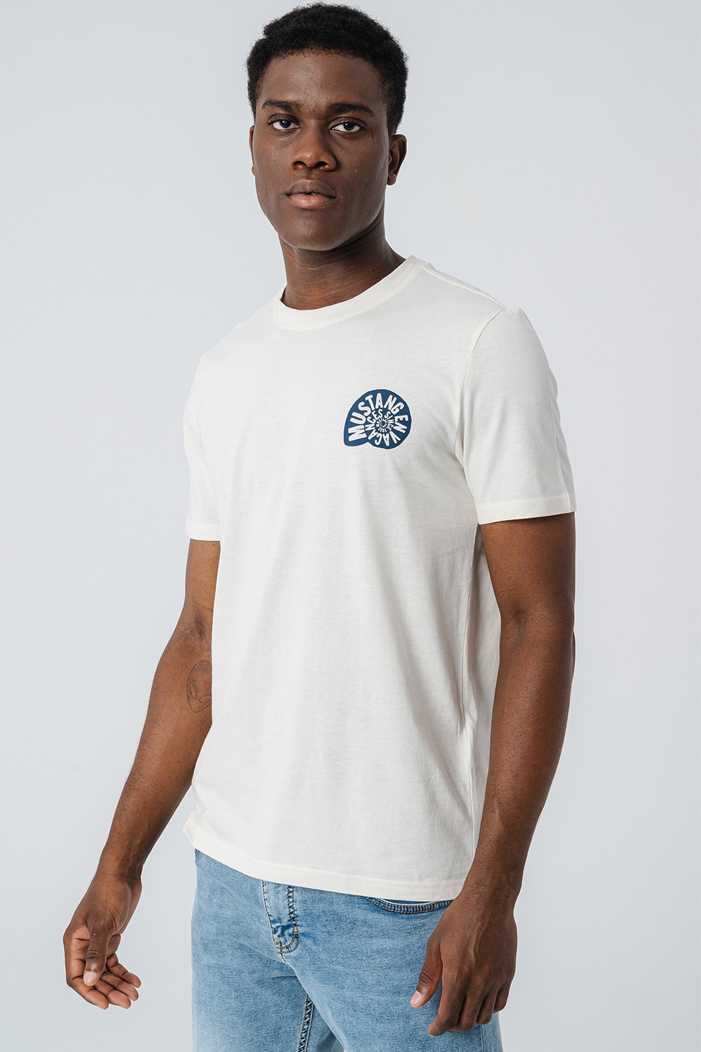 Mustang, Tricou din bumbac cu decolteu la baza gatului, Alb, Crem, Bleumarin, L