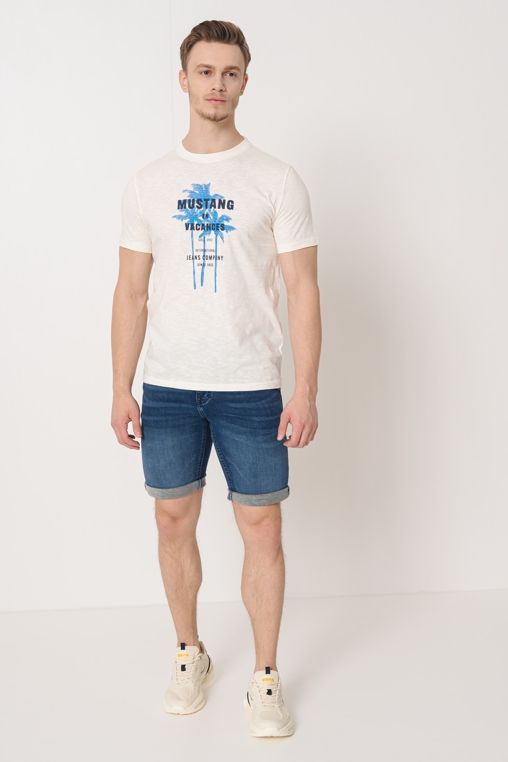 Mustang, Tricou cu imprimeu frontal, Albastru, Crem, 3XL