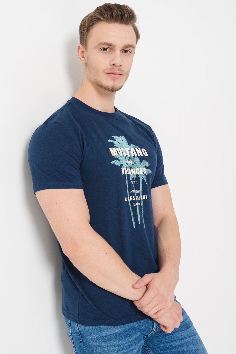 Mustang, Tricou cu imprimeu frontal, Albastru inchis, Albastru glaciar, M