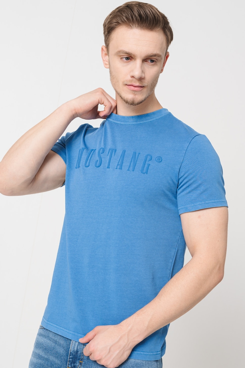 Mustang, Tricou cu logo pe piept, Albastru prafuit, M