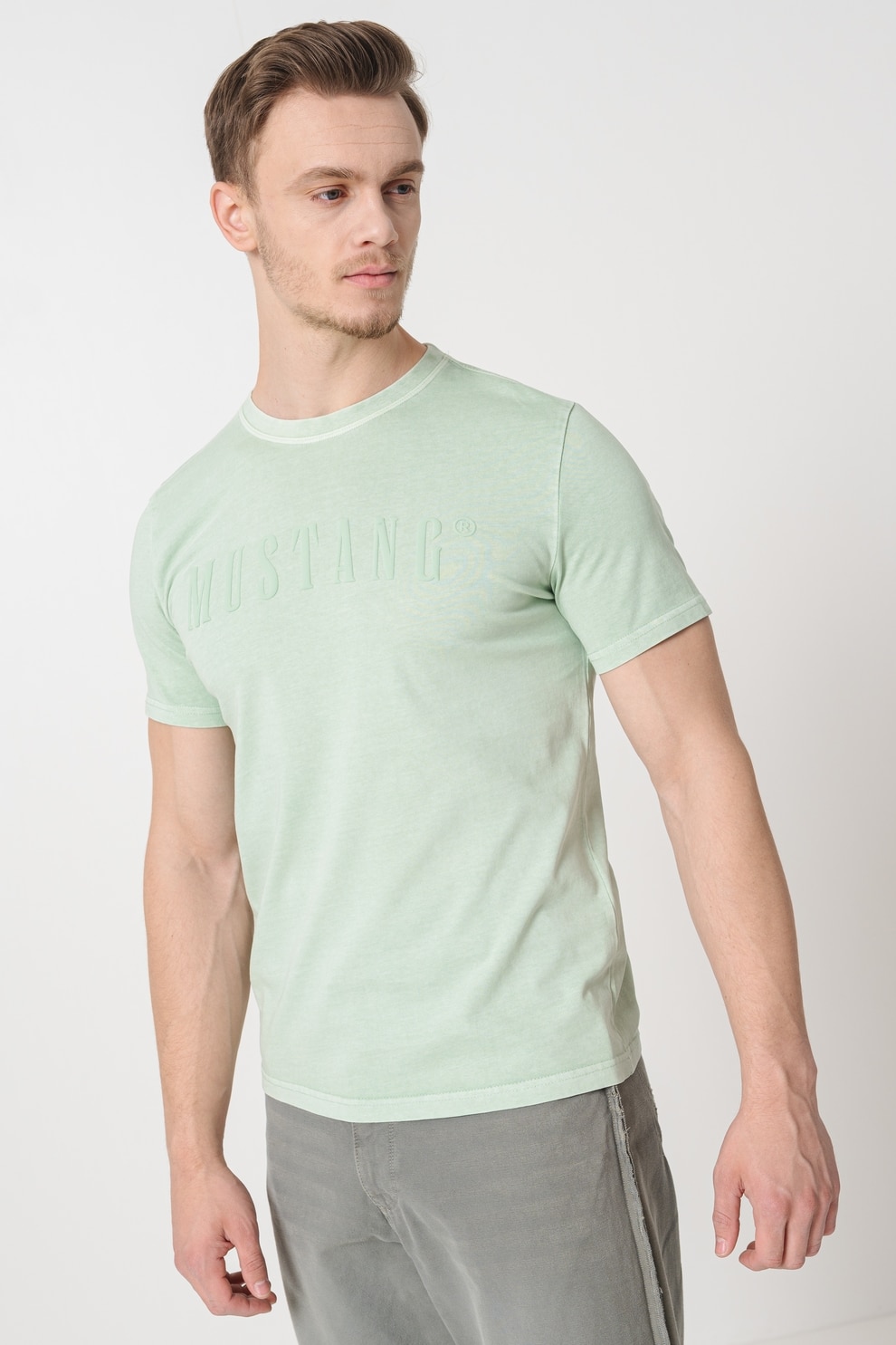 Mustang, Tricou cu logo pe piept, Verde menta, 3XL