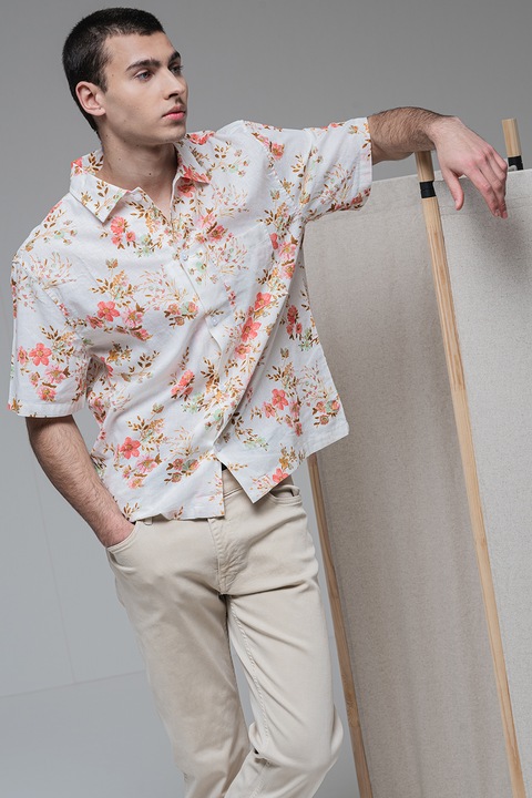 GAP, Риза с лен с къси ръкави, Червен/Мръснобял