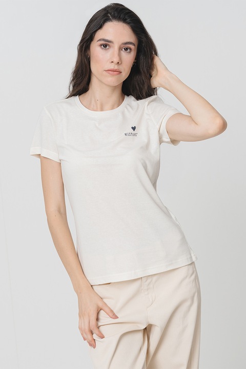 Mustang, Памучна тениска Loa с овално деколте, Черен/Крем