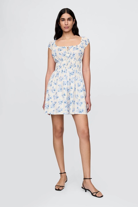 GAP, Virágmintás bővülő fazonú ruha, Csontszín/Világoskék