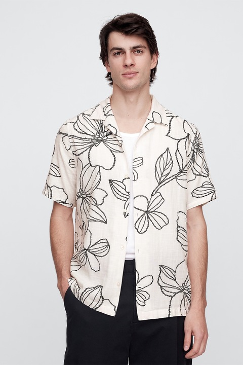 GAP, Rövid ujjú virágmintás ing, Csontszín/Fekete