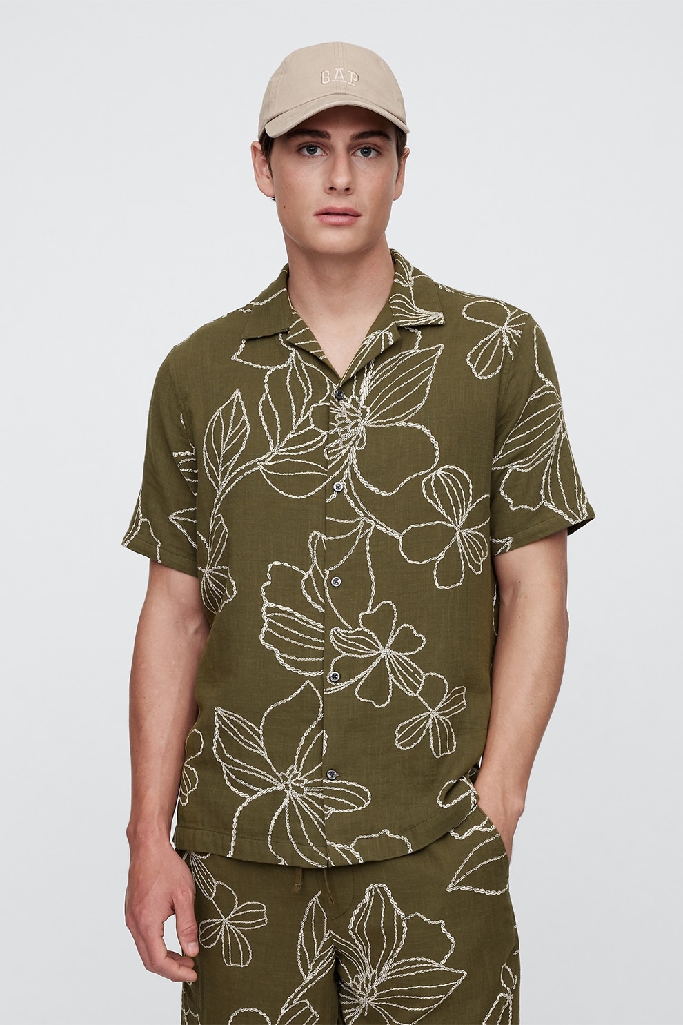 GAP, Camasa cu maneci scurte si imprimeu floral, Verde spranghel, L