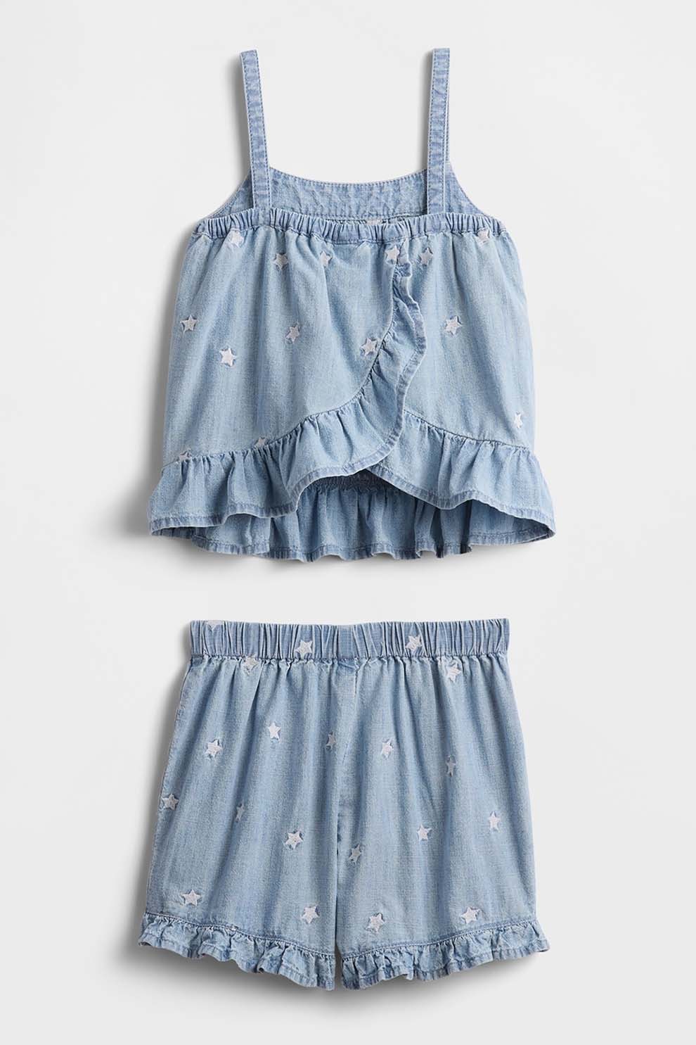 GAP, Set de top si pantaloni scurti cu stele brodate, Albastru prafuit, 90 CM