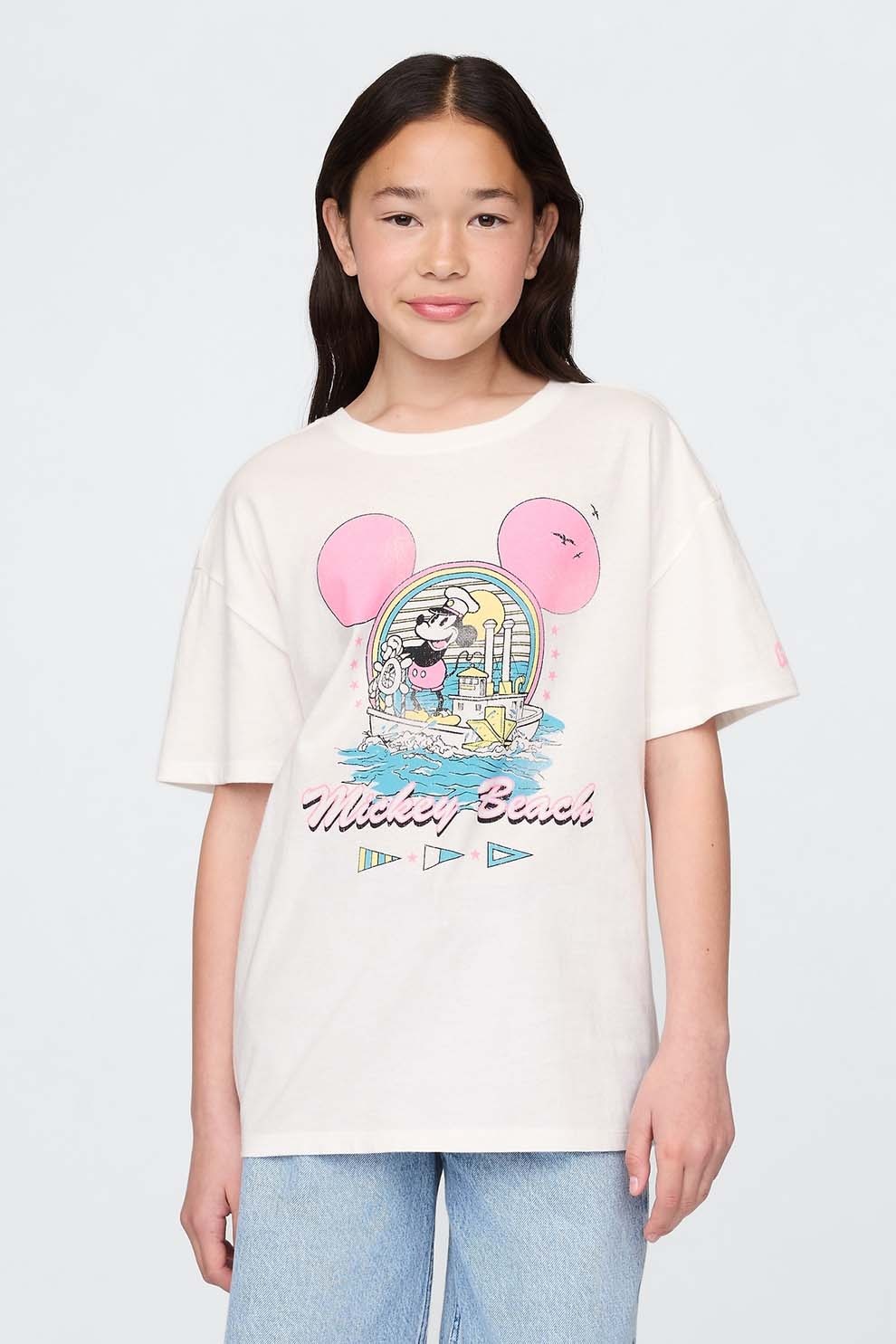 GAP, Tricou cu model tie-dye si imprimeu Minnie Mouse, Alb, Roz, Albastru, 120 CM