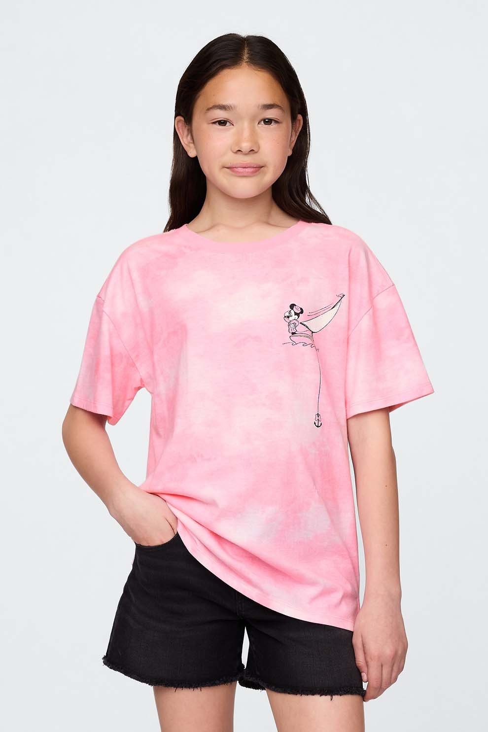 GAP, Tricou cu model tie-dye si imprimeu Minnie Mouse, Alb, Negru, Roz, 120 CM
