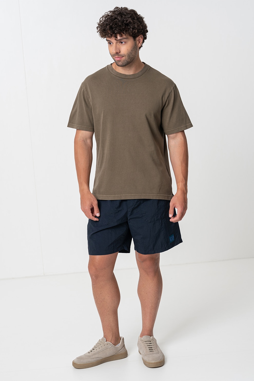 GAP, Tricou din bumbac cu decolteu la baza gatului, verde militar inchis, S