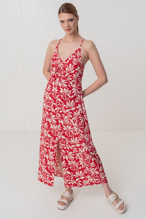 GAP, Rochie cu imprimeu, decolteu in V si slit frontal, Rosu vermillion/Alb murdar