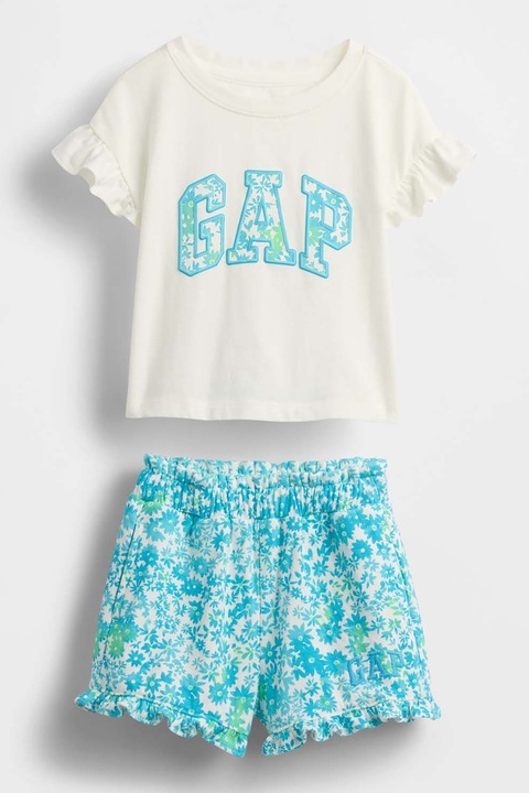 GAP, Set de tricou cu imprimeu logo si pantaloni scurti, Alb/Turcoaz