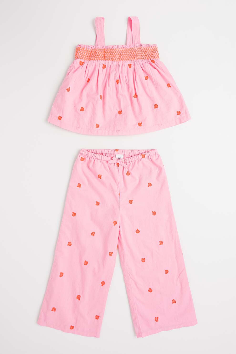 GAP, Set de top de bumbac cu broderie si pantaloni, Roz, 100 CM