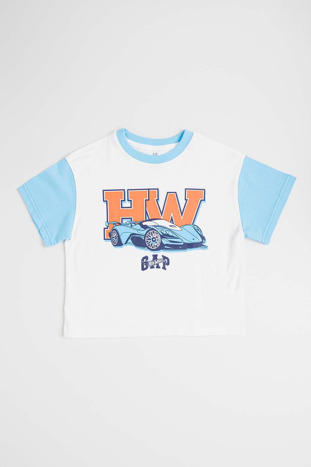 GAP, Tricou cu imprimeu Hot Wheels, Alb, Portocaliu neon, Albastru, 80 CM
