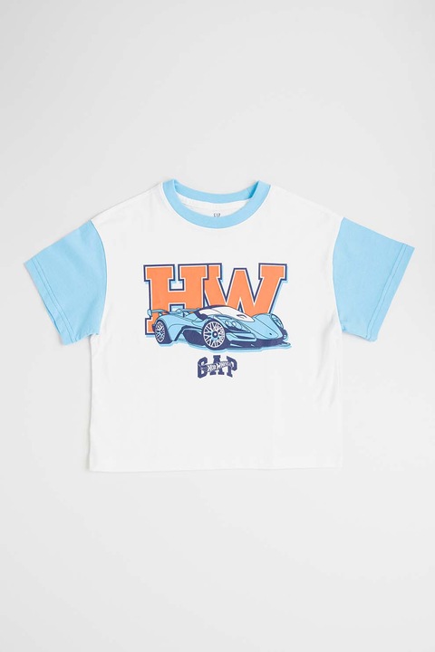 GAP, Tricou cu imprimeu Hot Wheels, Alb/Portocaliu neon/Albastru