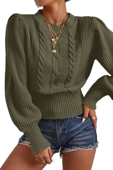 Pulover Dama, Tricotat, Casual, Cu Maneci Lanterne, Turcoaz, Verde inchis