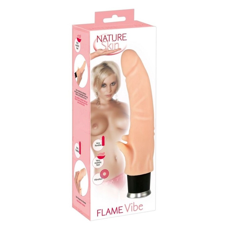 Vibrator Flexibil Forma Penis cu Stimulator Clitoris Flame Vibe, 8 Vibratii, Nature Skin, 22 cm