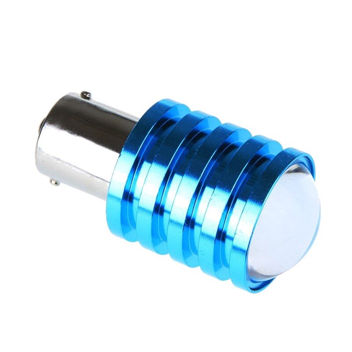 Bec LED auto P21W cu lupa, 2 faze, alb rece