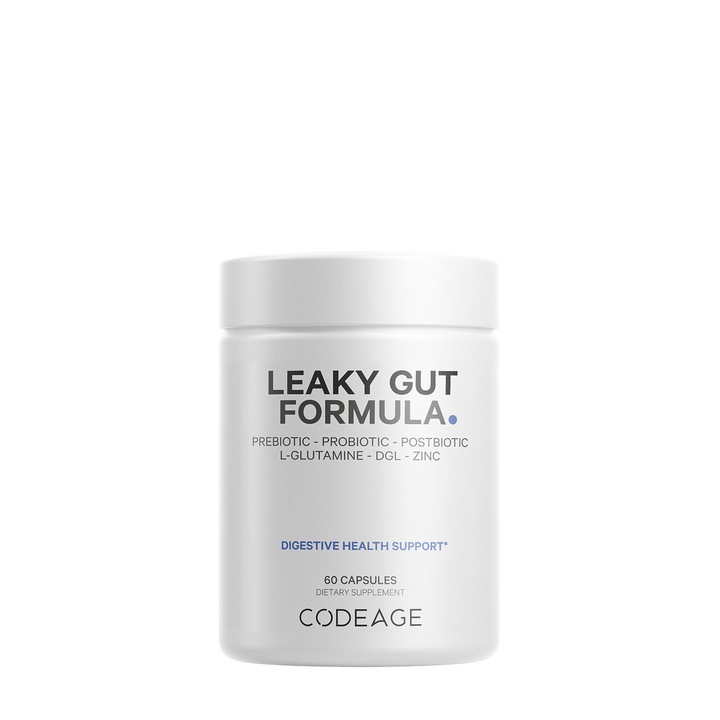Codeage Leaky Gut Supplement - L-Glutamine, Prebiotics, Probiotics, Postbiotic, Formula Avansata pentru Sanatatea Intestinala, 60 cps