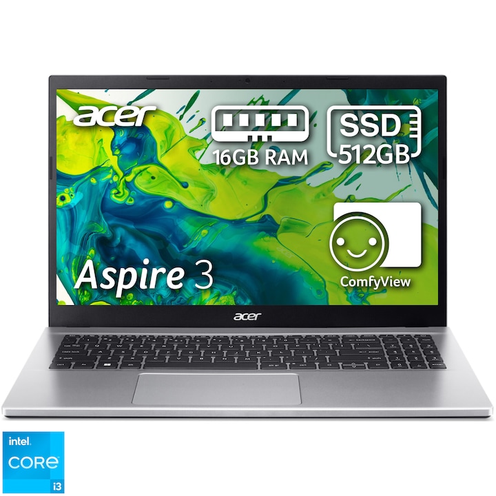 Лаптоп Acer Aspire 3 A315-59-39DR, Intel® Core™ i3-1215U, 15.6'' HD, 16GB DDR4 RAM, 512GB SSD, Intel® UHD Graphics, No OS, Pure Silver
