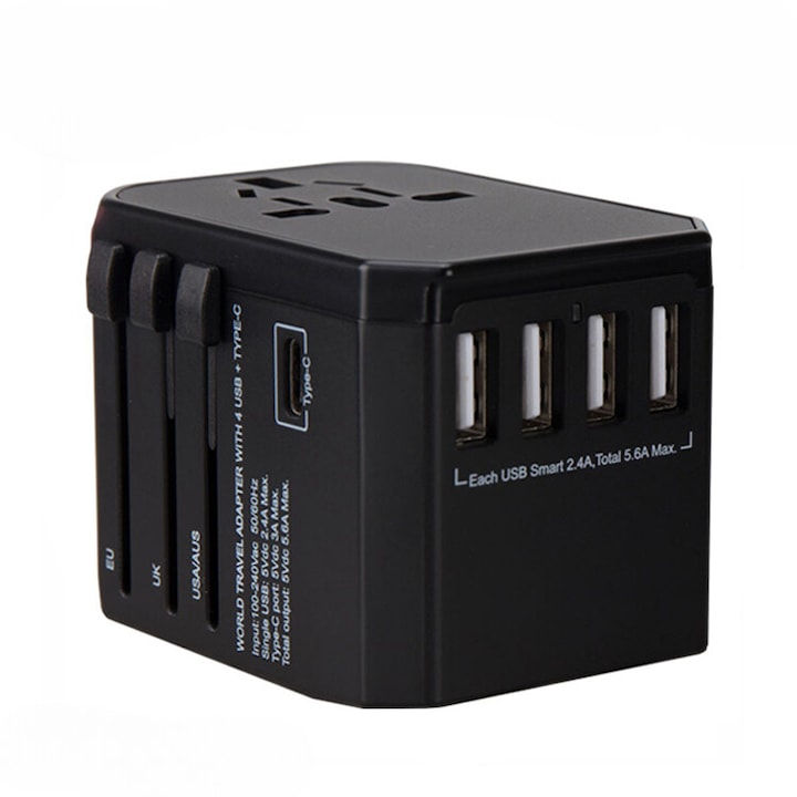 Adaptor incarcator universal priza de calatorie, 4 x USB, 1 x Type-C pentru US, UK, EU, Australia, Asia, Silver Grey