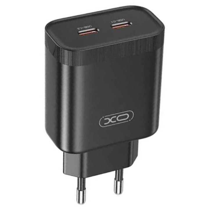 Töltőadapter XO-L105, Dual Type-C, Gyorstöltés 35W, Fekete