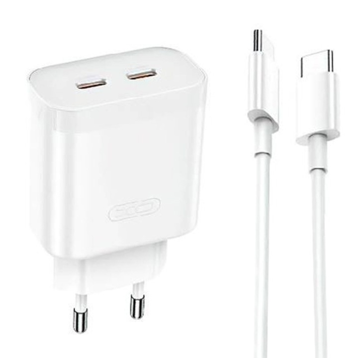 Адаптер XO-L105 и кабел Type-C, iPhone 15/16 и Android, двойно зарядно устройство Type-C, бързо зареждане 35W, бял
