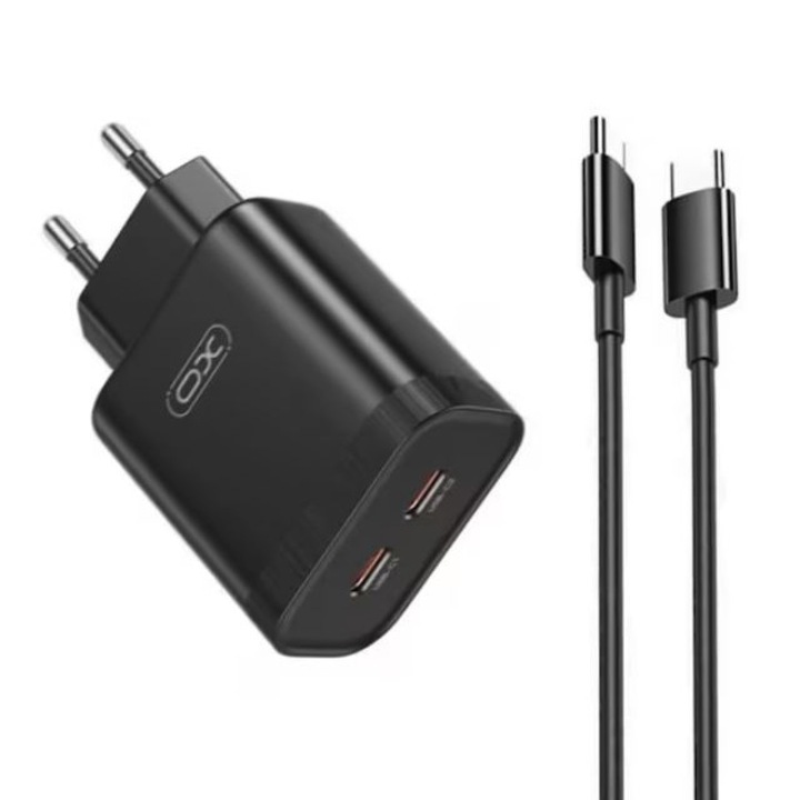 Адаптер XO-L105 и кабел Type-C, iPhone 15/16 и Android, двойно зарядно устройство Type-C, бързо зареждане 35 W, черен