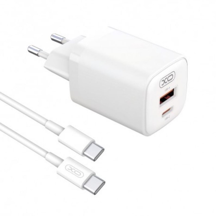 Set Incarcator XO-L96 si Cablu Type-C, pentru iPhone 15/16 si Android, Adaptor Dual Port, Incarcare rapida 30W, Alb