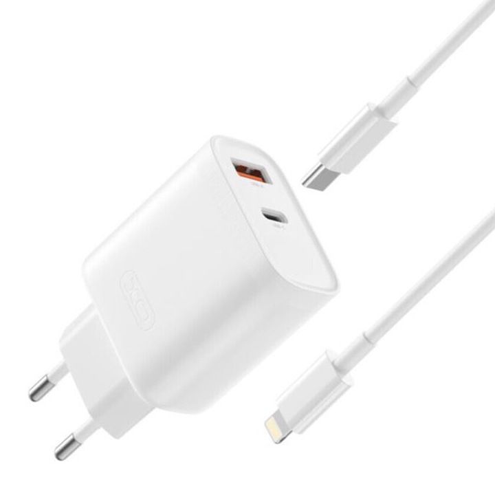 Set Incarcator XO-L116 cu Cablu Lightning, pentru iPhone, Adaptor Dual Port, Incarcare rapida 30W, Alb