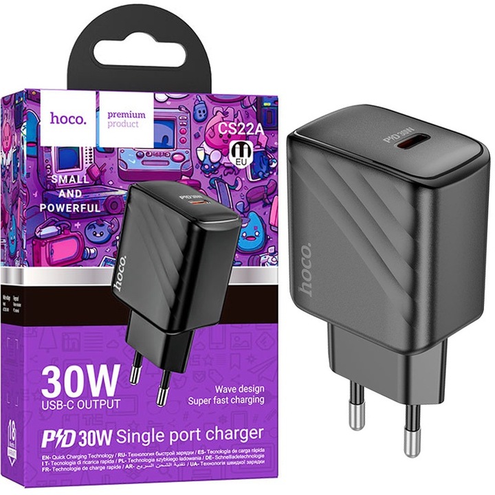 Adaptor Retea Hoco CS22A EU, Port Type-C, Incarcare rapida PD30W, Negru