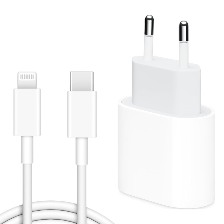 Комплект зарядно устройство, съвместимо с Apple, USB-C 20W, Съвместимо с iPhone 14 / 14 Pro / 14 Pro Max / 13 / 13 Pro / 13 Pro Max / 12 / 12 Pro / 12 Pro Max, светло сив