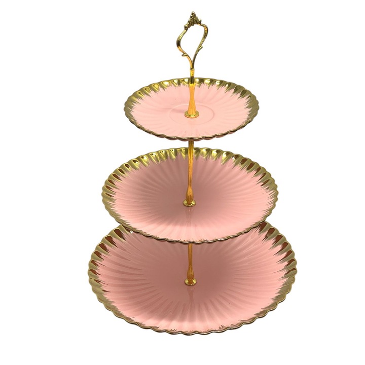 Platou Portelan supraetajat, 3 niveluri, Candy Bar, Golden, Roz cu Auriu