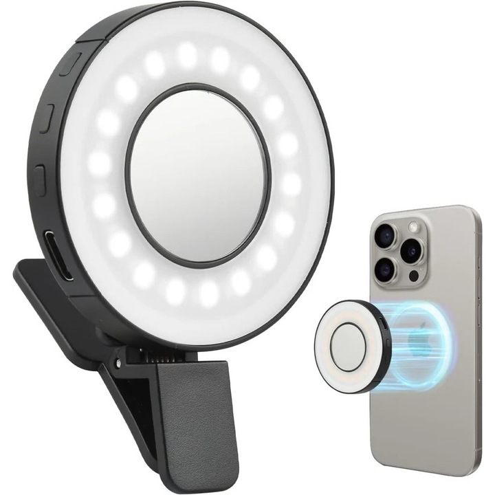 Protable LED lámpa 8 cm Salestore.ro® 2W, mágneses kapcsos vagy klipsszel, alkalmas telefonhoz/laptophoz, 3 világítási mód változó intenzitással, tükörrel, ideális sminkhez, fotókhoz, videókhoz